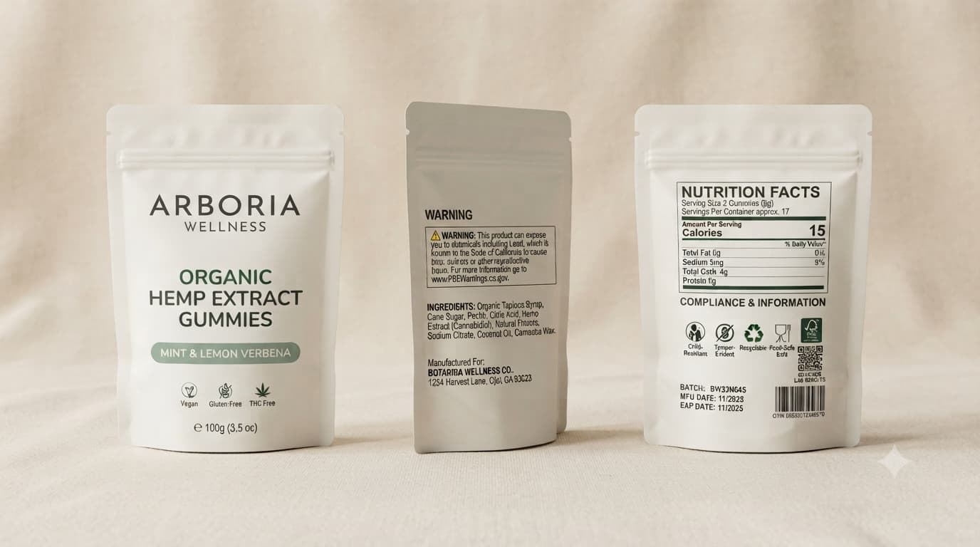 Hemp and cannabis mylar bags with compliance warning labels and QR code panel
