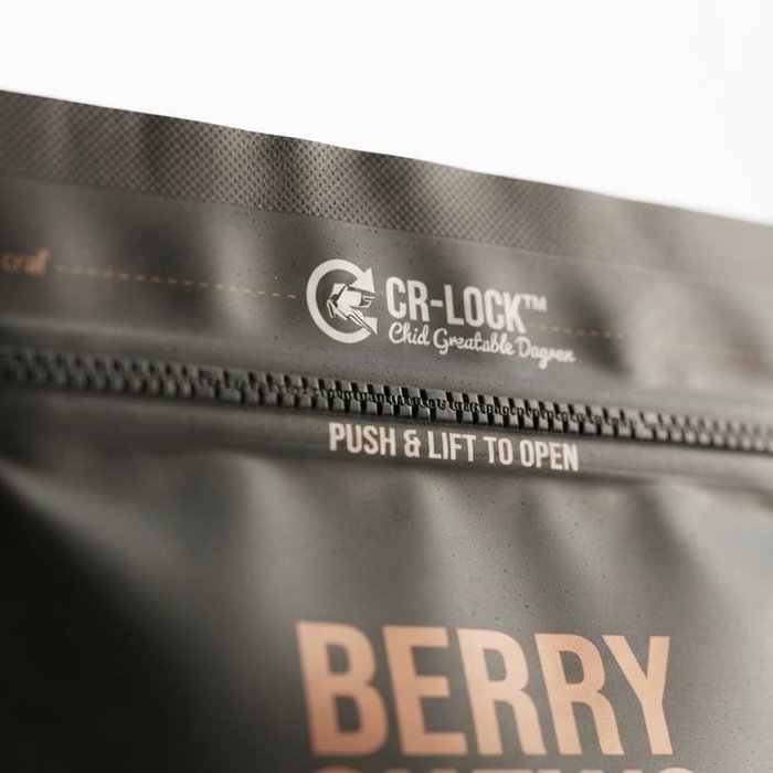 Close-up of child-resistant mylar bag zipper detail