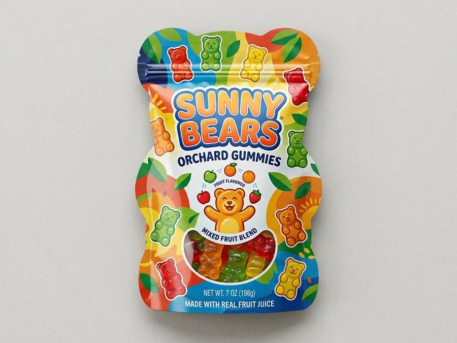 Custom printed mylar bag flat lay showing full panel print and zipper reseal