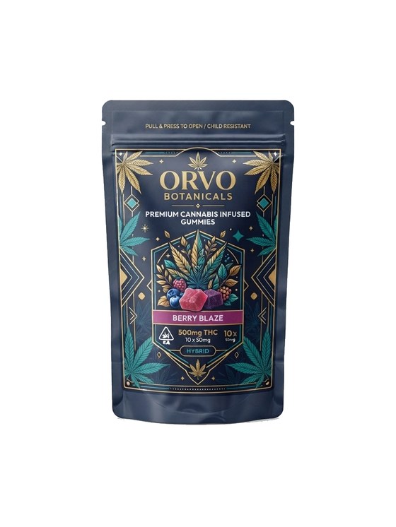 Child resistant mylar bag mockup — Orvo Botanicals cannabis gummies packaging