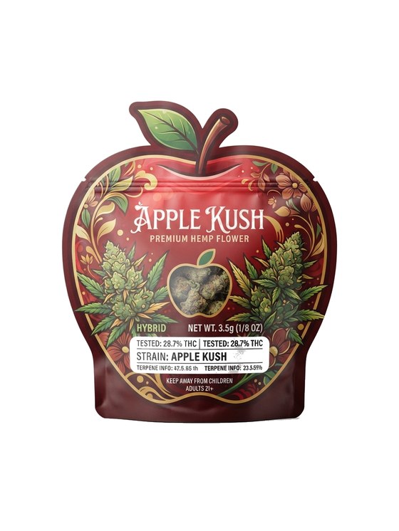 Custom mylar bag mockup — Apple Kush shaped hemp flower packaging