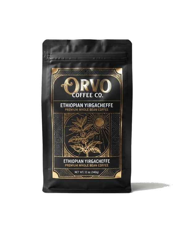 Gold foil mylar bag mockup — Orvo Coffee Co premium coffee packaging