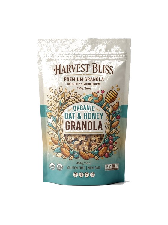 Stand-up pouch mockup — Harvest Bliss granola packaging