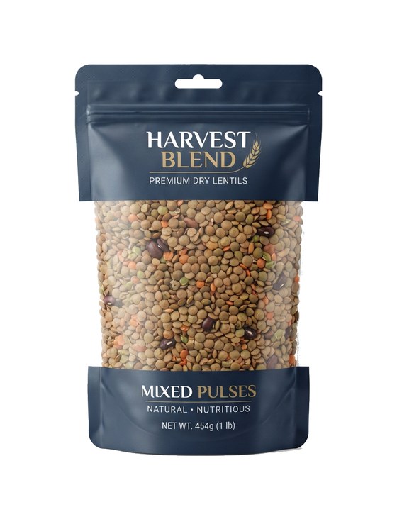 Window mylar bag mockup — Harvest Blend mixed pulses packaging