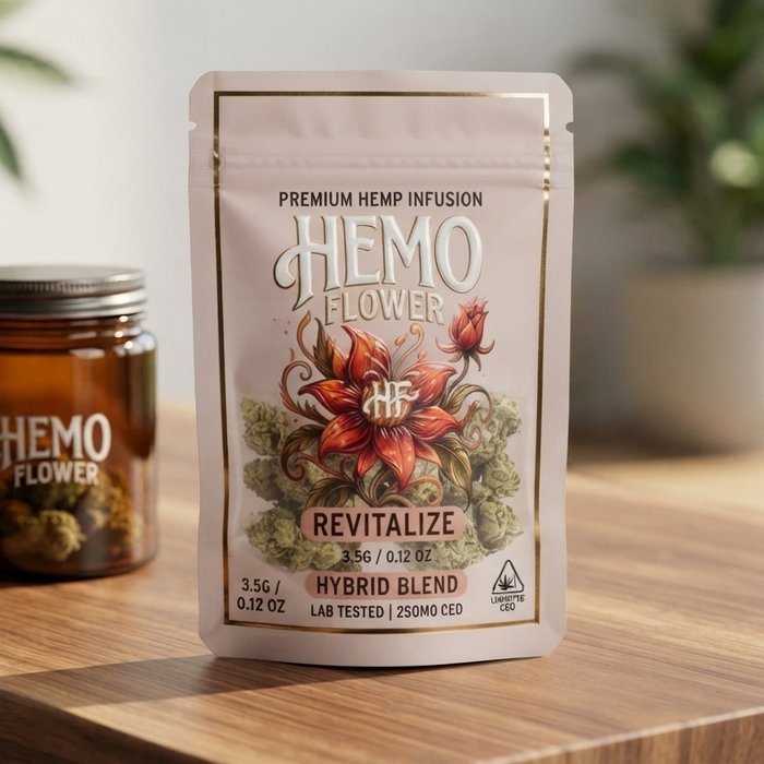 Spot UV mylar bag lifestyle shot with product packaged inside